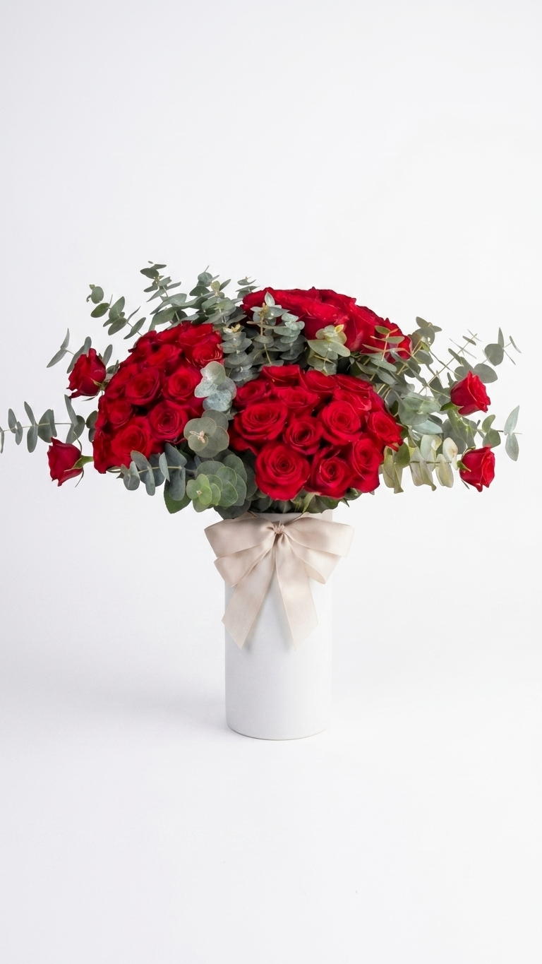 50 Rosas Rojas en Jarrón Blanco