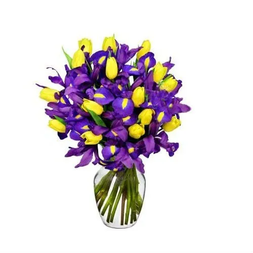 Jarrón con tulipanes e iris