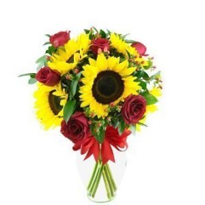 Jarrón con girasoles y rosas