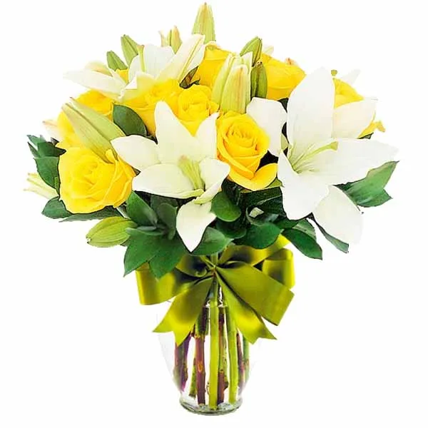 24 rosas amarillas con lilis / jarrón con flores amarillas