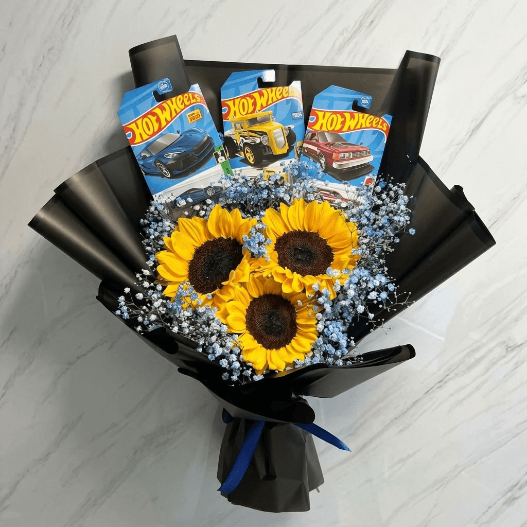 Ramo de 3 Girasoles y 3 Carritos Hot Wheels