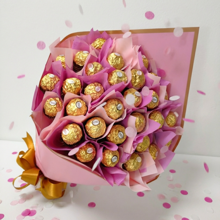Ferrero Rocher Ramo Ramo de 32 ferrero rocher rosa con moño dorado - Acento Floral