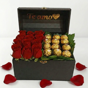 Cofre con rosas y chocolates