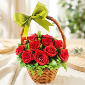 Canasta con asa 12 rosas rojas