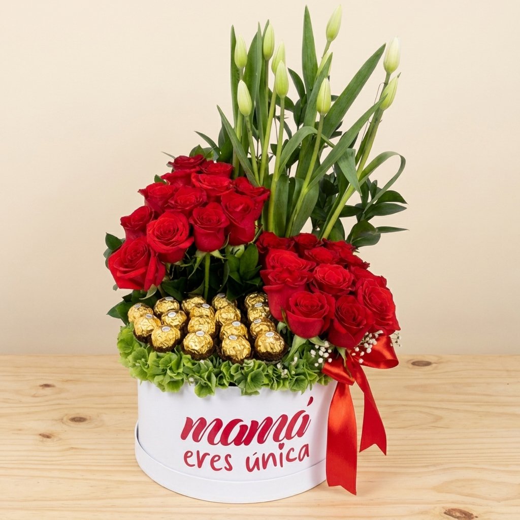Arreglo floral para mamá con rosas y chocolates