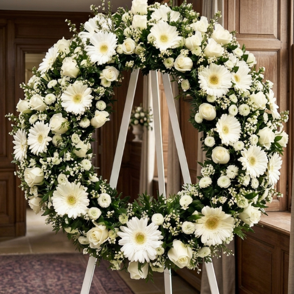 Corona con gerberas blancas