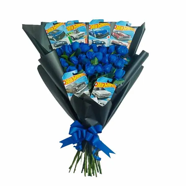Ramo de 6 Hot Wheels con rosas azules