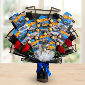 10 carritos hot wheels y 16 chocolates ferrerro con 4 rosas rojas