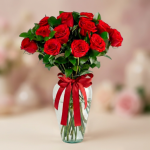 Jarrón de 12 Rosas Rojas en Florero
