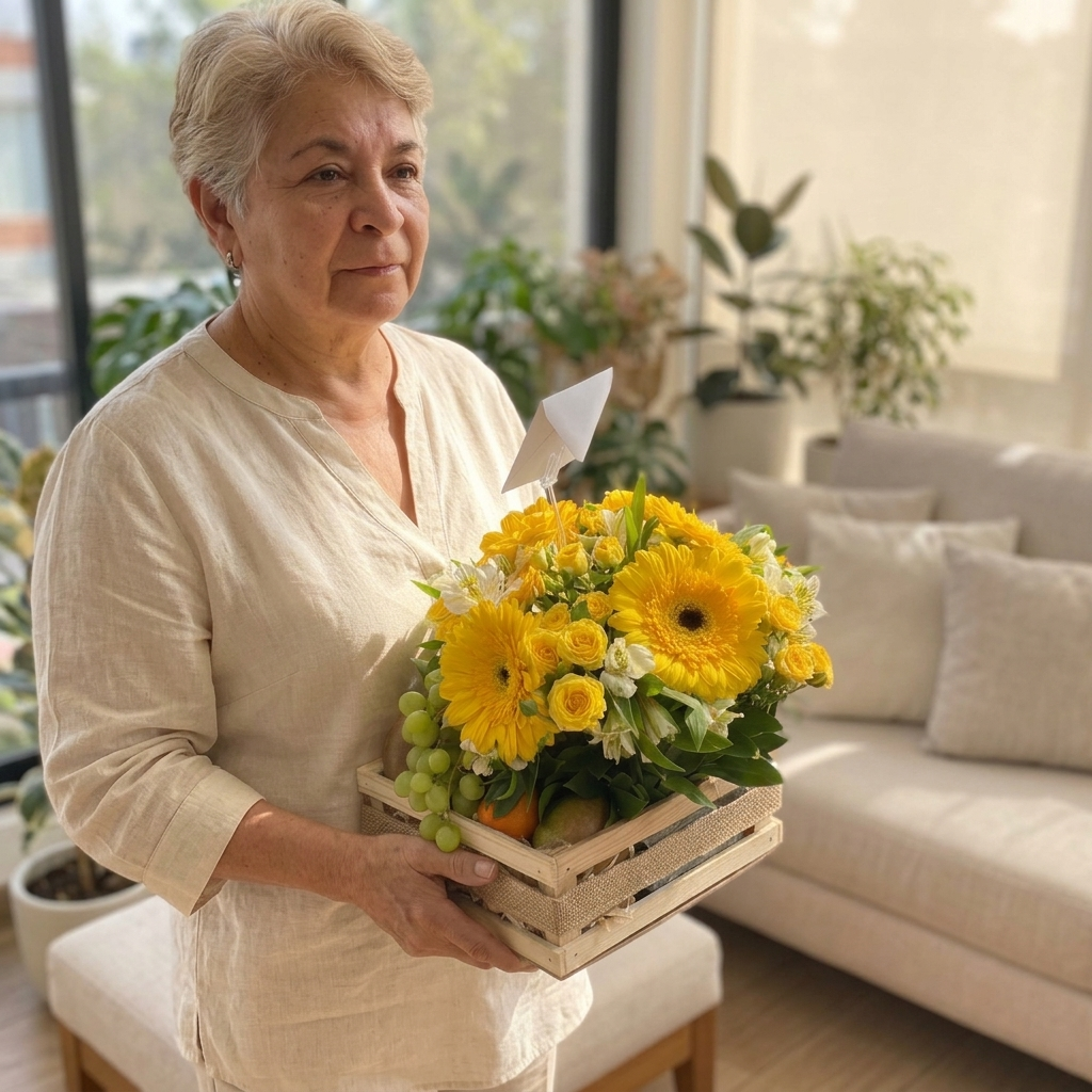 Abuela recibiendo flores por el Día de los Abuelos