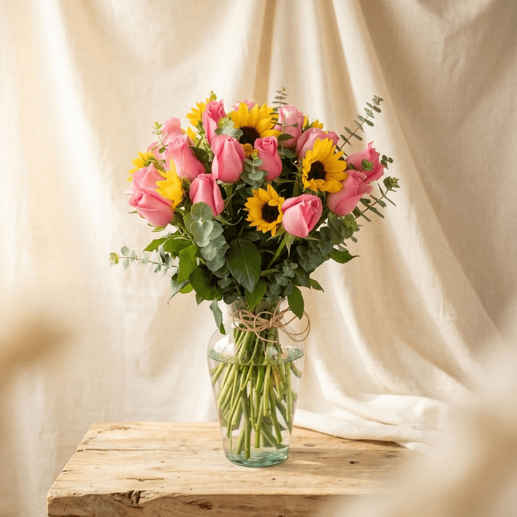 10 mini girasoles y 12 rosas rosas en jarrón