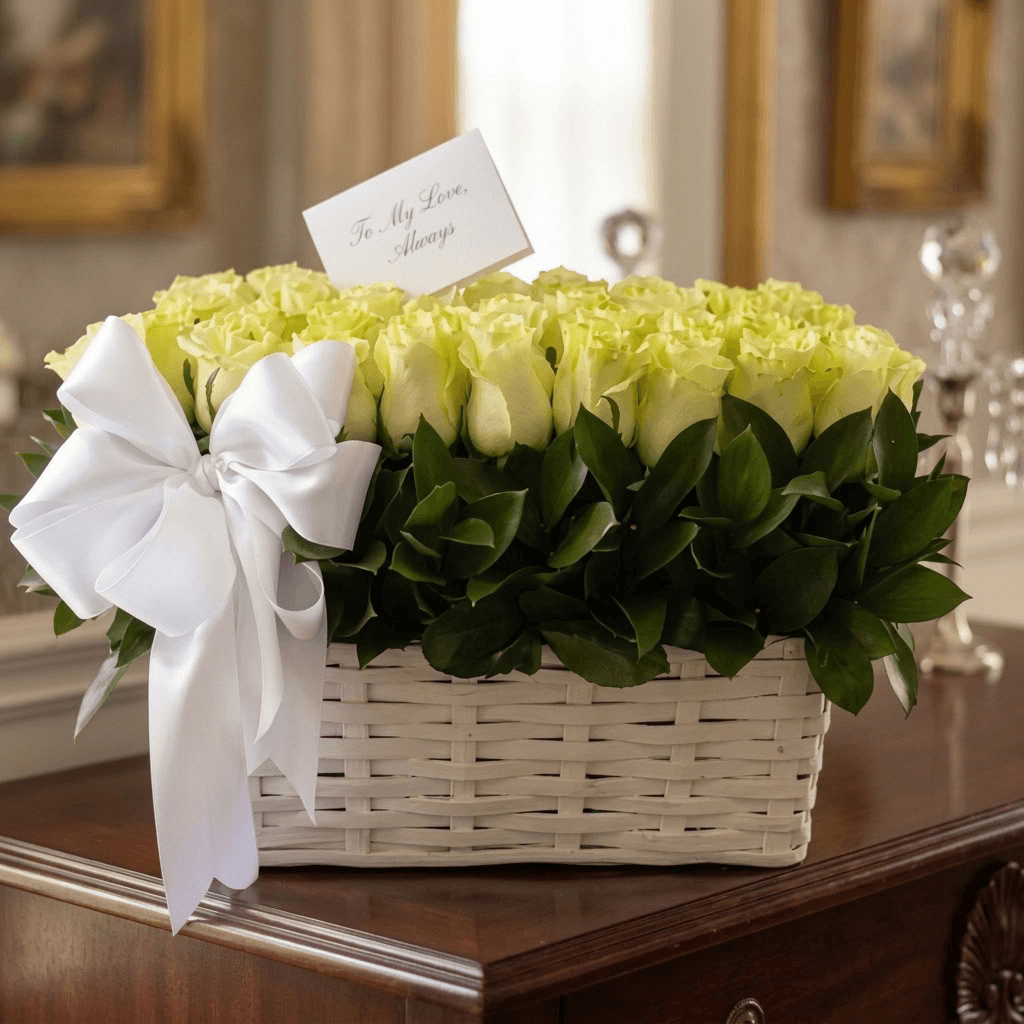 Canasta de 50 rosas blancas para condolencias