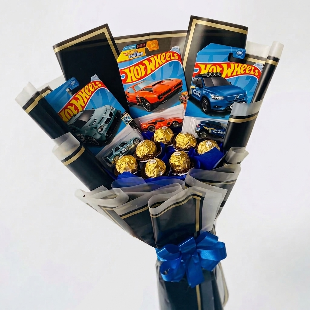 ramo de 3 Hot Wheels con 7 Ferrero Rocher