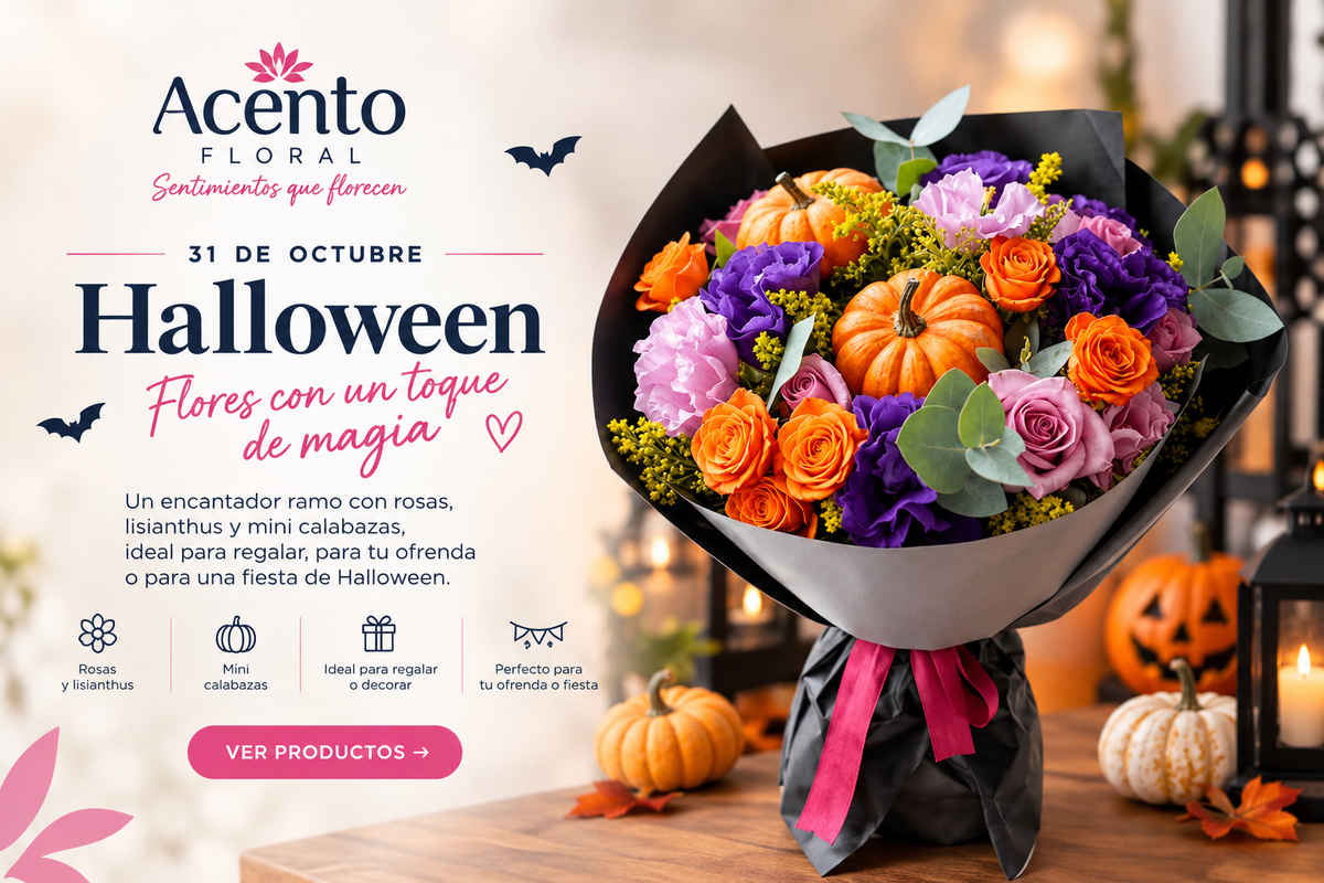 Halloween 31 de octubre | Ramo con rosas, lisianthus y mini calabazas | Acento Floral